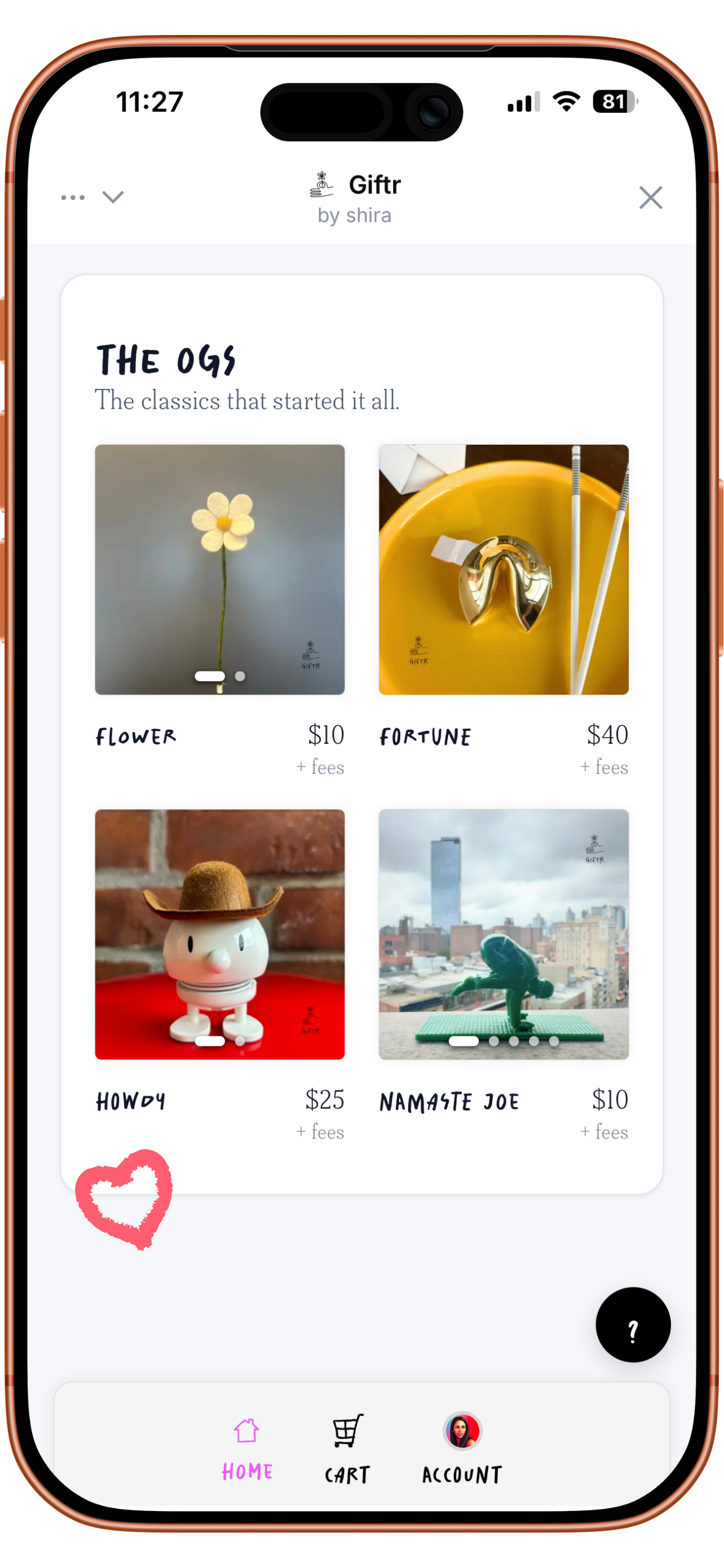 Browse the gift catalog in the Giftr mini app