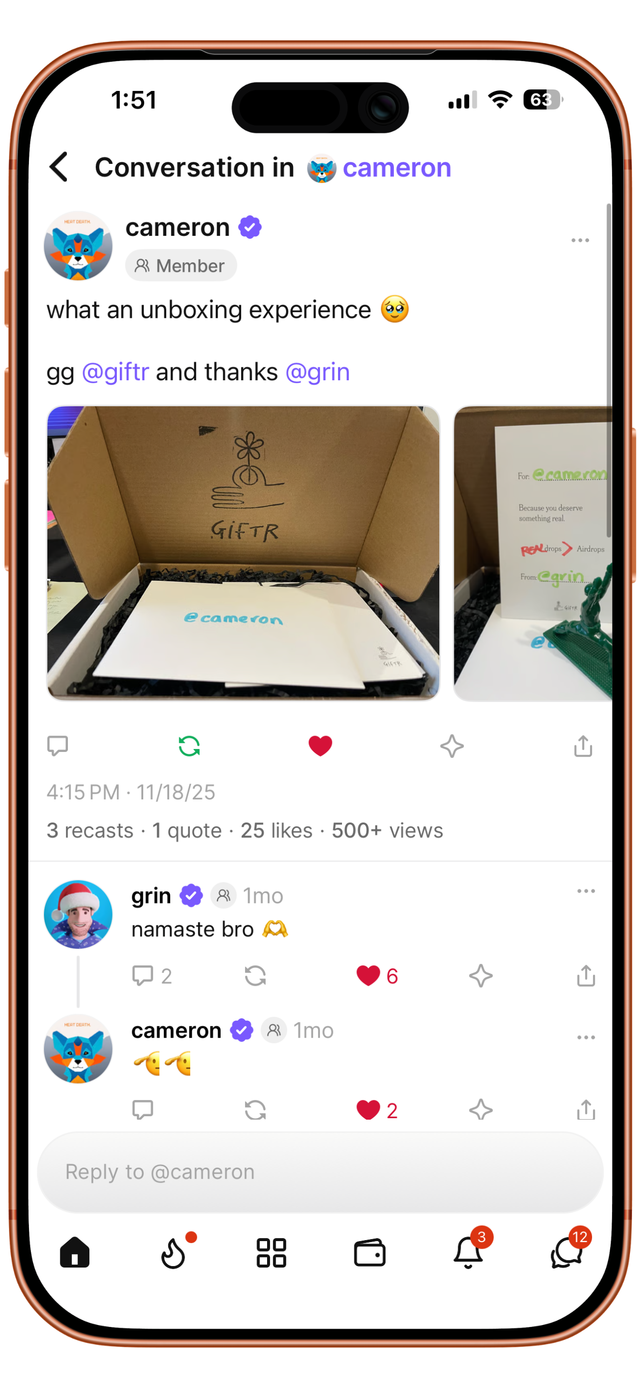 Cameron unboxing a Giftr package on Farcaster